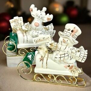 Vtg 90s Trim A Home Porcelain Snowman and Reindeer‎ On Sleds Figurines Christmas